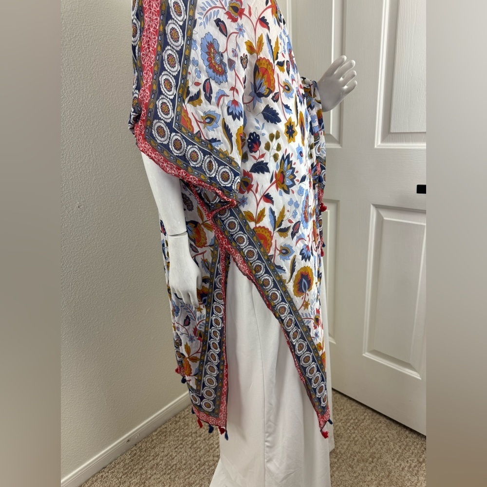 Ruggine Multi Color Bright Floral Lightweight Kimono with Pom Pom Trim. - Picture 2 of 10